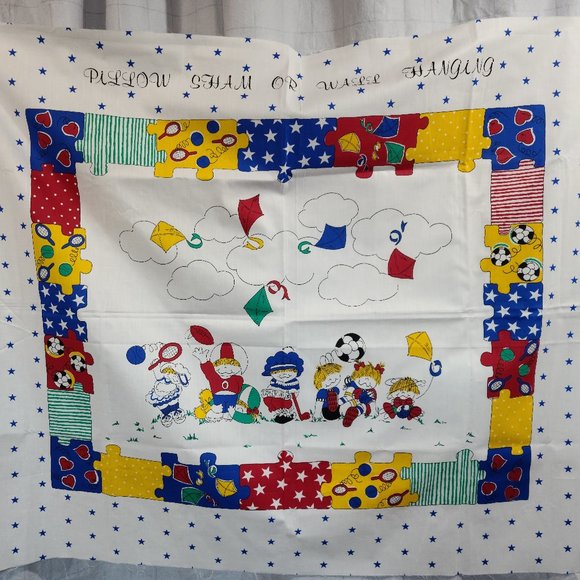 Kids Playing Sports Wall Hanging /Pillow Sham Fabric Craft Panels/5 TOTAL VTG!! - Picture 1 of 16